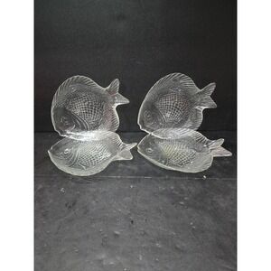 Arcoroc Clear Glass Fish Salad Plates, Set of 4, Vtg Embossed France Tableware